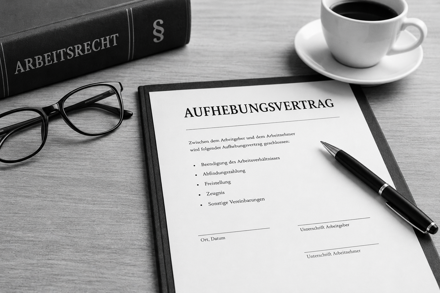 Ein Schreibtisch mit einem Gesetzbuch zum Arbeitsrecht, einem Aufhebungsvertrag, einem Stift und einer Tasse Kaffee.